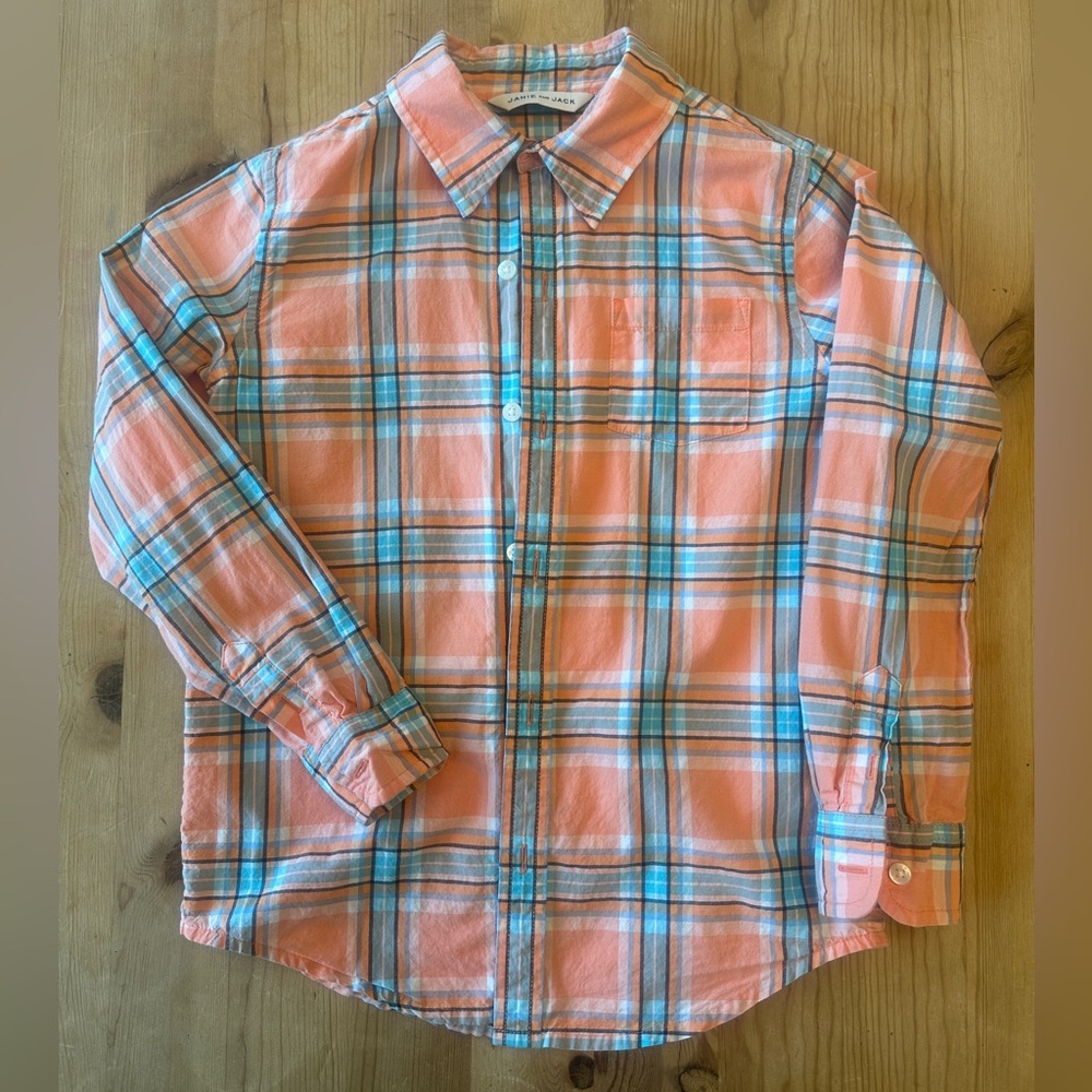 Janie and Jack Melon and Blue Plaid Button-Down Shirt